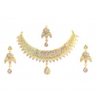 Necklace Set with Maang Tikka, Gold and Pink Color, PK-L, 1089, Special Jewelry